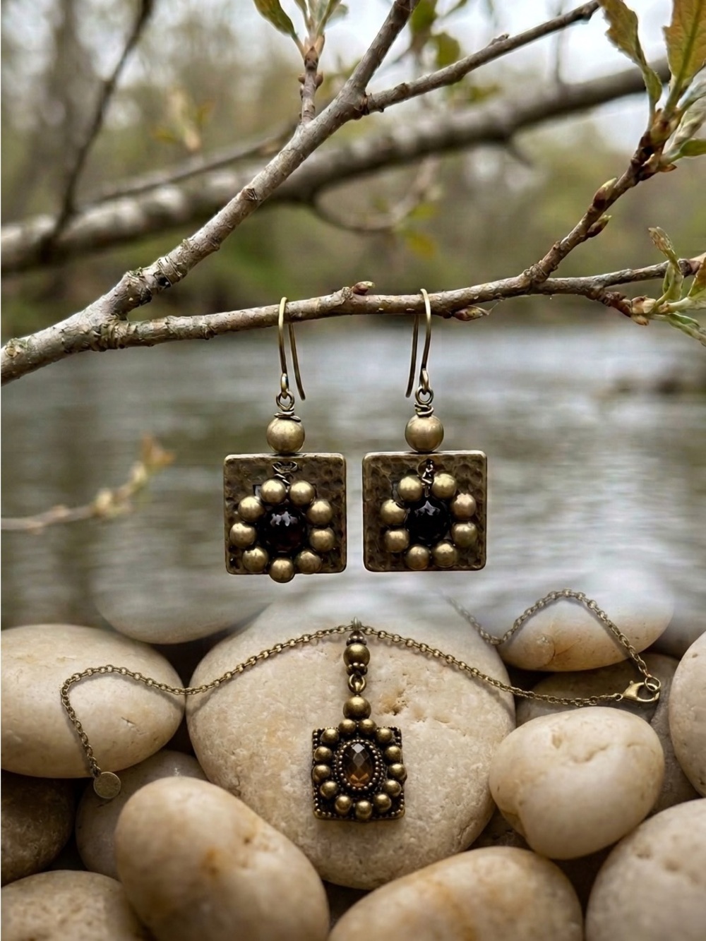 Antique Brass Pendant Necklace & Earrings